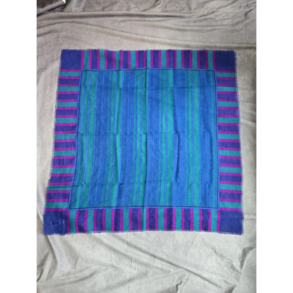 Oscar de la Renta Wool Scarf Square Stripe Teal Blue Purple Japan Fringe VTG Fla